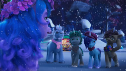 Size: 2388x1345 | Tagged: safe, screencap, alphabittle blossomforth, dapple, izzy moonbow, jasper, onyx, pony, unicorn, g5, my little pony: make your mark, my little pony: make your mark chapter 3, winter wishday, spoiler:g5, spoiler:winter wishday, bridlewood, cold, female, floral head wreath, flower, flower in hair, male, mare, night, snow, snowfall, stallion, tent, winter, wreath