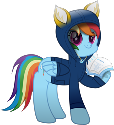 Size: 2562x2816 | Tagged: safe, artist:php178, rainbow dash, pegasus, pony, 2023 community collab, derpibooru, derpibooru community collaboration, g4, .svg available, administrator, book, clothes, confident, costume, drawstrings, e621, ear fluff, element of derpibooru, equestria font, folded wings, foreword, gemstones, guidebook, happy, high res, holding, hood, hoodie, hoof heart, inkscape, jewelry, kigurumi, lifting, looking at you, magenta eyes, meta, moderator, motivation, motivational description, movie accurate, multicolored hair, multicolored mane, multicolored tail, necklace, positive ponies, raised hoof, semi-ponified, simple background, smiling, smiling at you, solo, standing, svg, tail, text, transparent background, trixie's cutie mark, truth, underhoof, vector, wall of tags, wing sleeves, wings