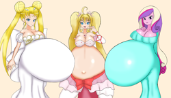 Size: 2900x1668 | Tagged: safe, artist:りょうつ, princess cadance, human, mermaid, equestria girls, g4, bare belly, beautiful, belly button, crossover, cute, female, hyper, hyper belly, hyper pregnancy, impossibly large belly, lucia nanami, mermaid melody, multiple pregnancy, neo queen serenity, outie belly button, pregdance, pregnant, sailor moon (series), shiny, trio, trio female