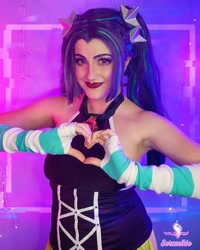 Size: 1080x1350 | Tagged: safe, artist:sarahndipity cosplay, aria blaze, human, equestria girls, g4, armpits, bare shoulders, breasts, clothes, cosplay, costume, heart hands, irl, irl human, photo, sleeveless, solo