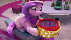 Size: 1280x720 | Tagged: safe, screencap, pipp petals, pegasus, pony, g5, my little pony: make your mark, my little pony: make your mark chapter 3, winter wishday, spoiler:g5, spoiler:winter wishday, adorapipp, animated, box, clothes, confused, crown, cute, diamonds, empty, female, heart, house plant, indoors, jewelry, mare, paper crown, poggers, present, reaction, regalia, scarf, shell, solo, sound, vase, wait what, webm, wrapper