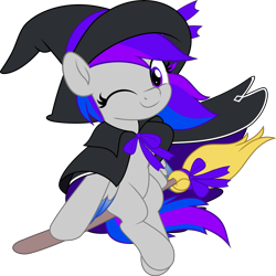 Size: 5005x5000 | Tagged: safe, artist:jhayarr23, oc, oc only, oc:inkwell stylus, pony, broom, cute, flying, flying broomstick, hat, one eye closed, simple background, smiling, solo, transparent background, wink, witch costume, witch hat