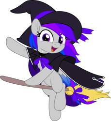 Size: 4585x5000 | Tagged: safe, artist:jhayarr23, oc, oc only, oc:inkwell stylus, pony, broom, cute, flying, flying broomstick, hat, simple background, solo, transparent background, witch costume, witch hat