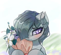 Size: 3786x3460 | Tagged: safe, artist:jfrxd, marble pie, earth pony, pony, blushing, bouquet of flowers, bust, cute, eyebrows, eyebrows visible through hair, female, flower, hair over one eye, high res, marblebetes, mare, smiling, solo, white pupils