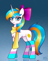Size: 1074x1368 | Tagged: safe, artist:petaltwinkle, oc, oc only, pony, unicorn, bow, clothes, concave belly, hair bow, pride, pride flag, pride socks, reflection, scarf, slender, socks, solo, striped socks, thin, transgender pride flag