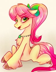 Size: 1074x1368 | Tagged: safe, artist:petaltwinkle, posey bloom, earth pony, pony, g5, aside glance, belly button, bow, chest fluff, colored hooves, female, floppy ears, hair bow, jewelry, looking at you, mare, necklace, open mouth, open smile, sitting, slender, smiling, solo, tail, tail bow, thin, three quarter view, unshorn fetlocks