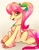 Size: 1074x1368 | Tagged: safe, artist:petaltwinkle, posey bloom, earth pony, pony, g5, aside glance, belly button, bow, chest fluff, colored hooves, female, floppy ears, hair bow, jewelry, looking at you, mare, necklace, open mouth, open smile, sitting, slender, smiling, solo, tail, tail bow, thin, three quarter view, unshorn fetlocks