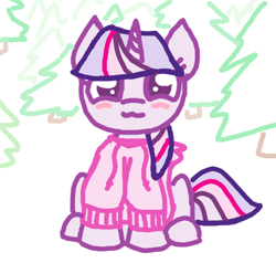 Size: 458x436 | Tagged: safe, artist:purblehoers, twilight sparkle, pony, unicorn, g4, :3, blushing, clothes, female, happy, looking at you, mare, ms paint, sitting, smiling, smiling at you, snow, solo, sweater, tree, unicorn twilight, winter