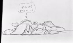 Size: 2048x1212 | Tagged: safe, artist:horsewizardart, trixie, pony, unicorn, g4, clothes, faceplant, female, grayscale, hoodie, mare, monochrome, pencil drawing, sketch, solo, speech bubble, traditional art