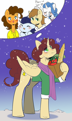 Size: 1974x3300 | Tagged: safe, artist:pledus, oc, oc:king calm merriment, alicorn, earth pony, pegasus, pony, unicorn, alicorn oc, bag, blushing, clothes, commissioner:bigonionbean, cute, cutie mark, dialogue, fusion, fusion:cheese sandwich, fusion:donut joe, fusion:fancypants, fusion:soarin', groceries, horn, male, scarf, stallion, thought bubble, wings, writer:bigonionbean