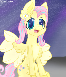 Size: 634x738 | Tagged: safe, artist:ilikeluna, fluttershy, pegasus, pony, g4, daisy (flower), flower, fluffy, happy, open mouth, open smile, smiling, solo, spread wings, wings