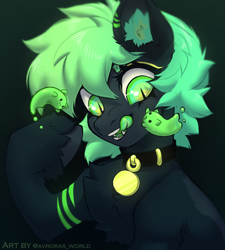 Size: 2700x3000 | Tagged: safe, artist:avroras_world, oc, oc only, cat, earth pony, ghost, hybrid, pony, undead, black background, chest fluff, collar, colored ear fluff, colored eyebrows, colored tongue, commission, dog collar, ear fluff, ear markings, fangs, female, green eyes, green tongue, high res, leg markings, mare, short hair, short mane, simple background, slit pupils, solo, tongue out, unshorn fetlocks