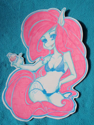 Size: 480x640 | Tagged: safe, artist:donavexx, oc, oc only, oc:cherry moon, pegasus, anthro, bikini, bottle, breasts, cleavage, clothes, female, hand on hip, looking at you, mare, open mouth, open smile, smiling, solo, swimsuit, traditional art, wingless