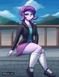 Size: 1289x1684 | Tagged: safe, artist:zachc, starlight glimmer, human, equestria girls, g4, clothes, female, outdoors, signature, sitting, solo