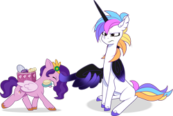 Size: 4335x2892 | Tagged: safe, artist:helenosprime, pipp petals, oc, oc:helenos, alicorn, pegasus, pony, g4, g5, my little pony: tell your tale, alicorn oc, brush, duo, duo female, female, g4 to g5, generation leap, height difference, horn, mare, pipp is short, simple background, slender, thin, transparent background, wing hands, wings