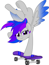 Size: 3806x5000 | Tagged: safe, artist:jhayarr23, oc, oc only, oc:inkwell stylus, pegasus, pony, absurd resolution, colored wings, gradient wings, handstand, looking at you, pegasus oc, show accurate, simple background, skateboard, smiling, smiling at you, solo, spread wings, transparent background, upside down, wings