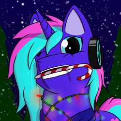 Size: 1200x1200 | Tagged: safe, artist:passionpanther, oc, oc only, oc:heartbeat, pony, unicorn, candy, candy cane, christmas, christmas lights, food, headphones, hearth's warming, holiday, icon, mouth hold, night, one eye closed, smiling, snow, solo, wink