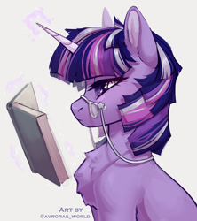 Size: 2400x2700 | Tagged: safe, artist:avroras_world, twilight sparkle, pony, unicorn, g4, accessories, book, chest fluff, ear fluff, female, glasses, glowing, glowing horn, horn, magic, mare, reading, redesign, short hair, short mane, simple background, solo, unicorn twilight, white background