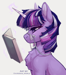 Size: 2400x2700 | Tagged: safe, artist:avroras_world, twilight sparkle, pony, unicorn, accessories, book, chest fluff, ear fluff, female, glasses, glowing, glowing horn, horn, magic, mare, reading, redesign, short hair, short mane, simple background, solo, unicorn twilight, white background
