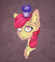 Size: 1130x1280 | Tagged: safe, artist:caecusgirl, apple bloom, earth pony, pony, g4, bust, chest fluff, female, filly, flower pot, foal, grin, portrait, simple background, smiling, solo