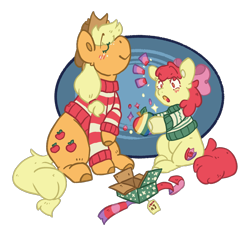 Size: 1004x934 | Tagged: safe, artist:devondraws, apple bloom, applejack, earth pony, pony, g4, adorabloom, apple, apple sisters, blushing, christmas sweater, clothes, cute, duo, emanata, eyes closed, female, filly, foal, food, mare, present, siblings, simple background, sisters, smiling, surprised, sweater, transparent background, zap apple