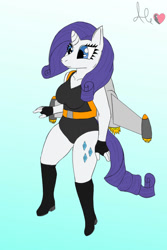 Size: 730x1095 | Tagged: safe, artist:god-ale05, rarity, unicorn, anthro, g4, black leotard, boots, clothes, female, floating, flying, gradient background, jetpack, leotard, rarity's leotard, shoes, solo