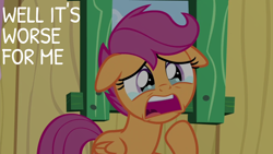 Size: 1920x1080 | Tagged: safe, edit, edited screencap, editor:quoterific, screencap, scootaloo, g4, my little pony: friendship is magic, the last crusade, clubhouse, crusaders clubhouse, crying, floppy ears, solo