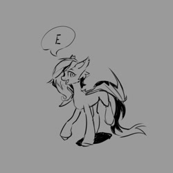 Size: 922x922 | Tagged: safe, artist:laymy, oc, oc only, bat pony, pony, bat pony oc, e, female, gray background, grayscale, mare, monochrome, open mouth, simple background, solo, speech bubble