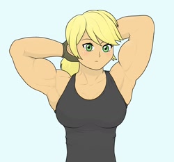 Size: 1606x1496 | Tagged: safe, artist:cyanrobo, applejack, human, g4, applejacked, arm behind head, breasts, busty applejack, clothes, female, feminism, humanized, looking at you, muscles, muscular female, solo