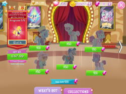 Size: 2048x1536 | Tagged: safe, gameloft, butterscotch sweets, country mile, jack pot, lemon chiffon, pacifica, earth pony, pegasus, pony, unicorn, g4, my little pony: magic princess, bowtie, camera, clothes, coin, collection, costs real money, english, facial hair, female, folded wings, gem, glasses, group, hat, hood, horn, jewelry, male, mare, moustache, necklace, numbers, pants, shoes, siegfried and roy, stallion, text, timer, top hat, unnamed character, unnamed pony, wings