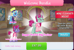 Size: 1280x857 | Tagged: safe, gameloft, jack pot, pony, unicorn, g4, my little pony: magic princess, bowtie, bundle, clothes, costs real money, english, hat, horn, jewelry, male, necklace, numbers, pants, siegfried and roy, stallion, text, top hat, unnamed character, unnamed pony, welcome bundle