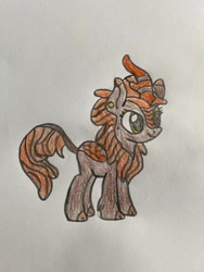 Size: 750x1000 | Tagged: safe, artist:propernoun, oc, oc only, oc:kindling flames, kirin, cloven hooves, colored pencil drawing, pencil drawing, simple background, solo, story in the source, traditional art, white background