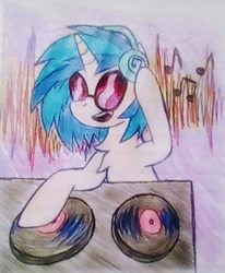 Size: 987x1200 | Tagged: safe, artist:scarecrowkitty, dj pon-3, vinyl scratch, pony, unicorn, g4, chest fluff, disc jockey, fangs, headphones, music notes, pen drawing, smiling, solo, soundwave, traditional art