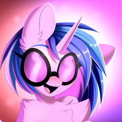 Size: 1269x1269 | Tagged: safe, artist:kebchach, dj pon-3, vinyl scratch, pony, unicorn, g4, blue hair, blushing, bust, chest fluff, ear fluff, female, horn, looking at you, mare, open mouth, open smile, shading, simple background, smiling, solo, sunglasses, vinyl's glasses, white fur