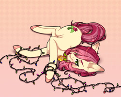 Size: 1500x1200 | Tagged: safe, artist:takic, roseluck, pony, g4, behaving like a cat, collar, commission, commissioner:doom9454, cute, garland, lying down, pet tag, pony pet, rosepet, solo, string lights