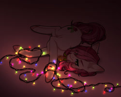 Size: 1500x1200 | Tagged: safe, alternate version, artist:takic, roseluck, pony, g4, behaving like a cat, collar, commission, commissioner:doom9454, cute, garland, lying down, pet tag, pony pet, rosepet, solo, string lights