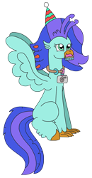 Size: 1623x3133 | Tagged: safe, artist:supahdonarudo, oc, oc only, oc:sea lilly, classical hippogriff, hippogriff, birthday, camera, cupcake, cute, food, hat, holding, jewelry, necklace, ocbetes, party hat, simple background, sitting, transparent background