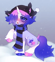 Size: 1280x1437 | Tagged: safe, artist:astralblues, oc, oc only, pony, unicorn, clothes, female, mare, scarf, snow, snowfall, solo, striped scarf