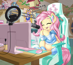 Size: 2560x2275 | Tagged: safe, artist:dstears, fluttershy, pegasus, pony, anime, bed, bird house, chair, clothes, computer, computer desk, computer mouse, cute, daaaaaaaaaaaw, desk, dialogue, escii keyboard, eyes closed, female, gamershy, gaming chair, hatsune miku, headphones, high res, hooves together, indoors, keyboard, madoka kaname, magical girl, microphone, mousepad, office chair, open mouth, open smile, otakushy, ponified, puella magi madoka magica, revolutionary girl utena, ring light, sailor moon, shure sm7b, shyabetes, sitting, smiling, socks, solo, streaming, sweater, three quarter view, vocaloid, wall of tags, weapons-grade cute, webcam
