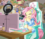 Size: 2560x2275 | Tagged: safe, artist:dstears, fluttershy, pegasus, pony, anime, bed, bird house, chair, clothes, computer, computer desk, computer mouse, cute, daaaaaaaaaaaw, desk, dialogue, escii keyboard, eyes closed, female, gaming chair, hatsune miku, headphones, high res, hooves together, indoors, keyboard, madoka kaname, magical girl, microphone, mousepad, office chair, open mouth, open smile, otakushy, puella magi madoka magica, revolutionary girl utena, ring light, sailor moon, shure sm7b, shyabetes, sitting, smiling, socks, solo, streaming, sweater, three quarter view, vocaloid, weapons-grade cute, webcam