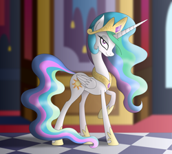 Size: 4152x3712 | Tagged: safe, artist:omnisimon11, princess celestia, alicorn, pony, g4, female, folded wings, high res, jewelry, lidded eyes, long neck, looking at you, mare, raised hoof, raised leg, regalia, slender, smiling, smiling at you, solo, thin, wings
