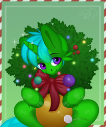 Size: 960x1152 | Tagged: safe, artist:macyw, oc, oc only, oc:green byte, pony, unicorn, christmas, commission, holiday, male, simple background, solo, stallion, wreath, ych result