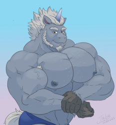 Size: 1192x1280 | Tagged: safe, artist:miguel_okami, alphabittle blossomforth, unicorn, anthro, g5, alphabara blossomforth, blue underwear, clothes, flexing, male, male nipples, muscles, muscular male, nipples, overdeveloped muscles, solo, stallion, stupid sexy alphabittle, underwear, vein bulge