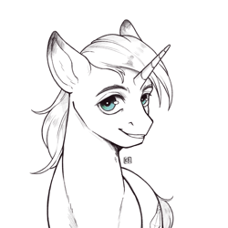 Size: 2048x2048 | Tagged: safe, artist:karamboll, pony, unicorn, black and white, bust, commission, grayscale, high res, looking at you, male, monochrome, portrait, simple background, sketch, smiling, smiling at you, solo, stallion, white background