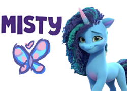Size: 575x412 | Tagged: safe, artist:🌟, misty brightdawn, pony, unicorn, g5, my little pony: make your mark, cornrows, cute, fake cutie mark, name, simple background, solo, white background