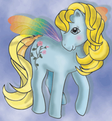 Size: 327x356 | Tagged: safe, artist:ranchlamb, morning glory, flutter pony, pony, g1, 2003, blushing, cute, female, gif, mare, morningdorable, non-animated gif, smiling, solo, tail, wings
