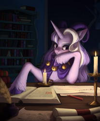 Size: 2813x3400 | Tagged: safe, artist:miurimau, oc, oc only, hybrid, pony, unicorn, book, bookshelf, candle, cloven hooves, goat horns, high res, horns, inkwell, pencil, quill, scroll, solo, unshorn fetlocks