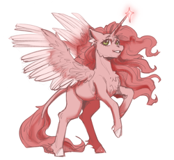 Size: 1999x1843 | Tagged: safe, artist:bon_lee, oc, oc only, alicorn, pony, alicorn oc, eyebrows, eyelashes, female, horn, leonine tail, long mane, magic, mare, pegasus wings, pink, rearing, simple background, smiling, solo, spread wings, tail, white background, wings