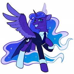Size: 2047x2048 | Tagged: safe, artist:draw3, princess luna, alicorn, pony, g4, clothes, ethereal mane, female, grin, high res, looking at you, mare, necktie, simple background, slit pupils, smiling, smiling at you, socks, solo, spread wings, starry mane, starry tail, suit, tail, tuxedo, white background, wings