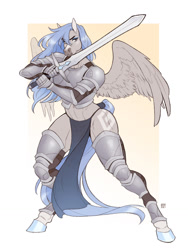 Size: 960x1280 | Tagged: safe, artist:nasusbot, oc, oc:aether, pegasus, anthro, unguligrade anthro, armor, eyebrows, eyelashes, eyeshadow, female, furrowed brow, loincloth, long hair, long tail, makeup, midriff, open mouth, pegasus oc, pegasus wings, solo, spread wings, sword, tail, tail wrap, trans female, transgender, unconvincing armor, weapon, wings